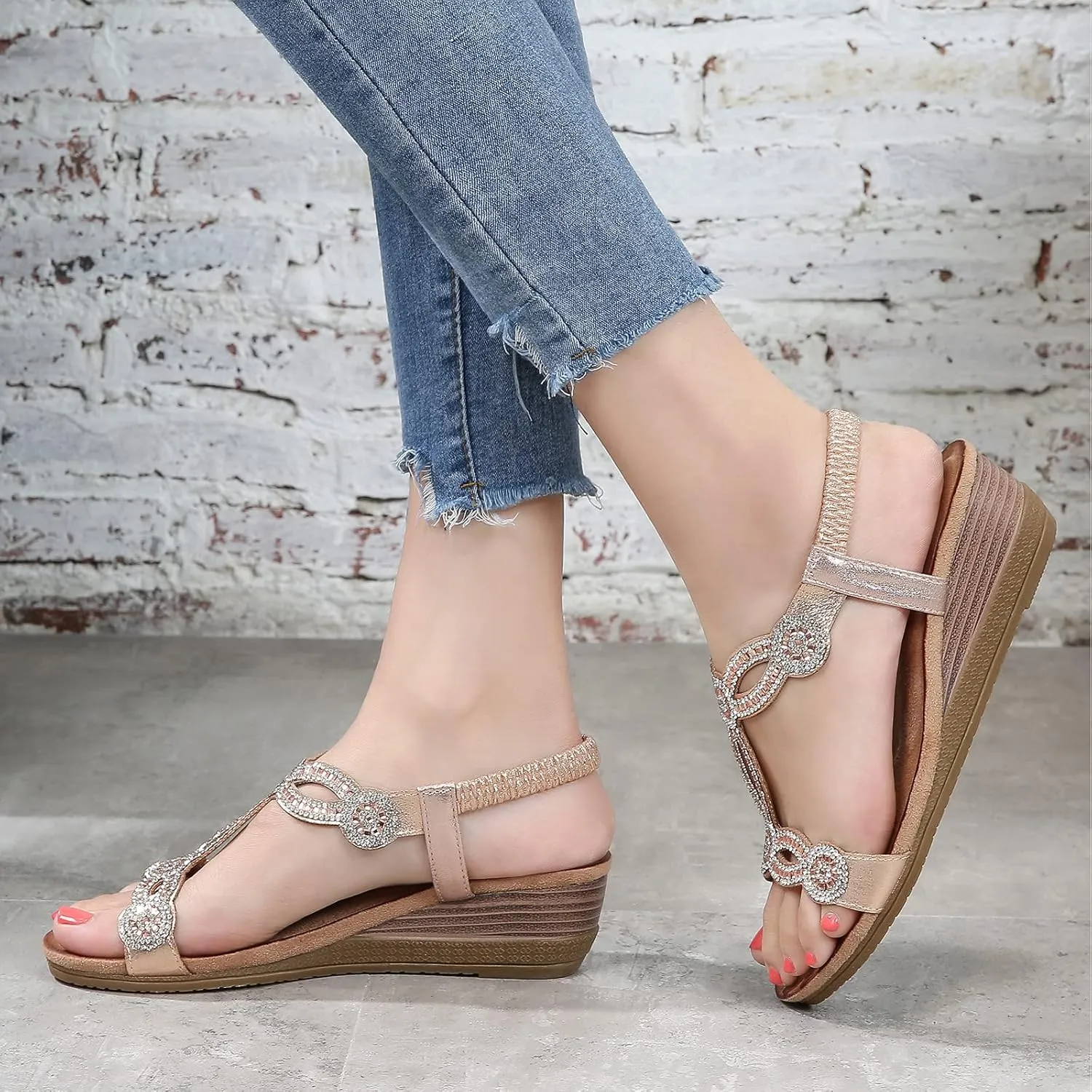 Meeshine Women's Wedge Sandals Summer Comfortable Casual Bohemian Beach Rhinestone Platform Shoes