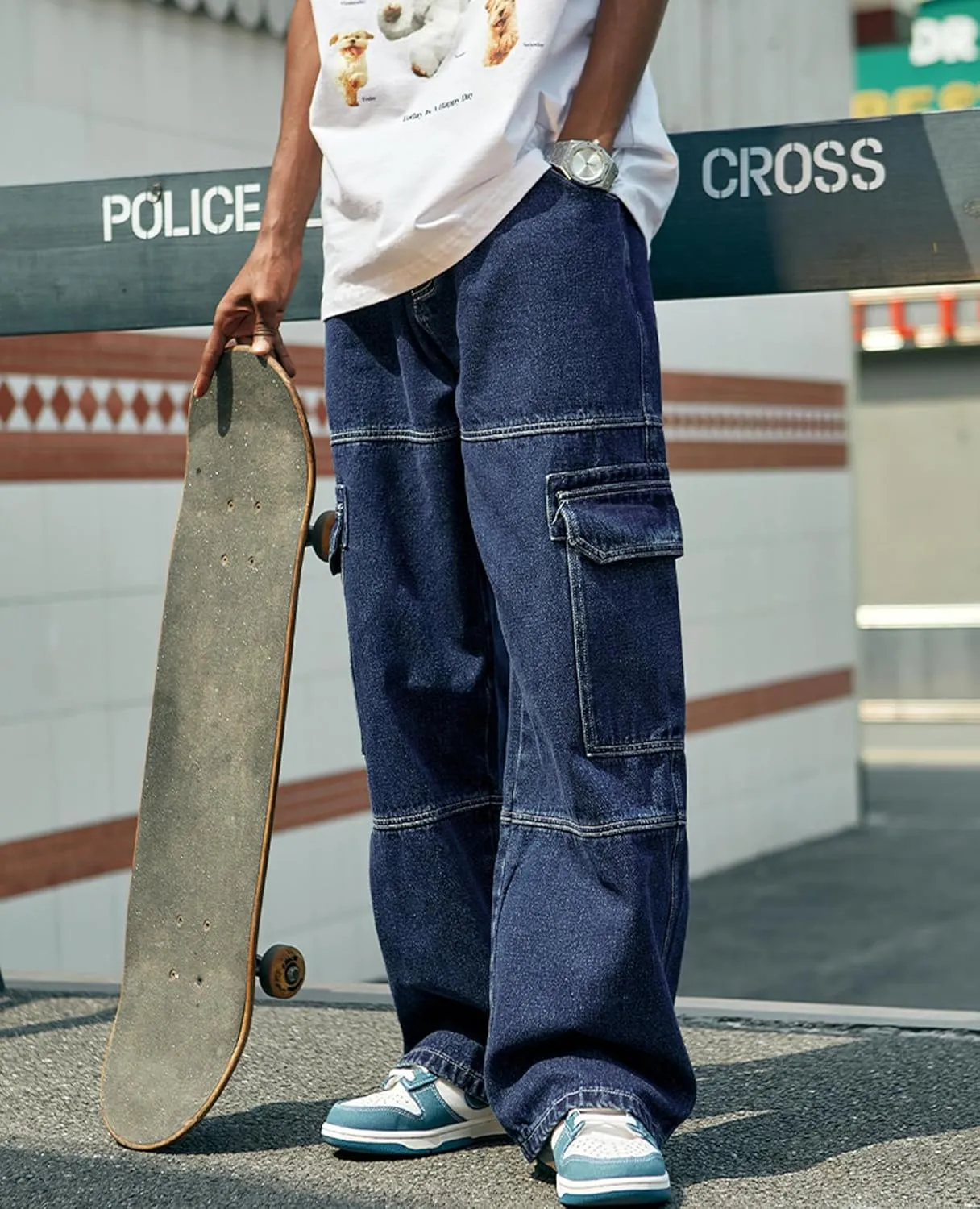 Mens Baggy Cargo Jeans Straight Leg Pants Hip Hop Dance Skateboard Pants Trousers with Pockets