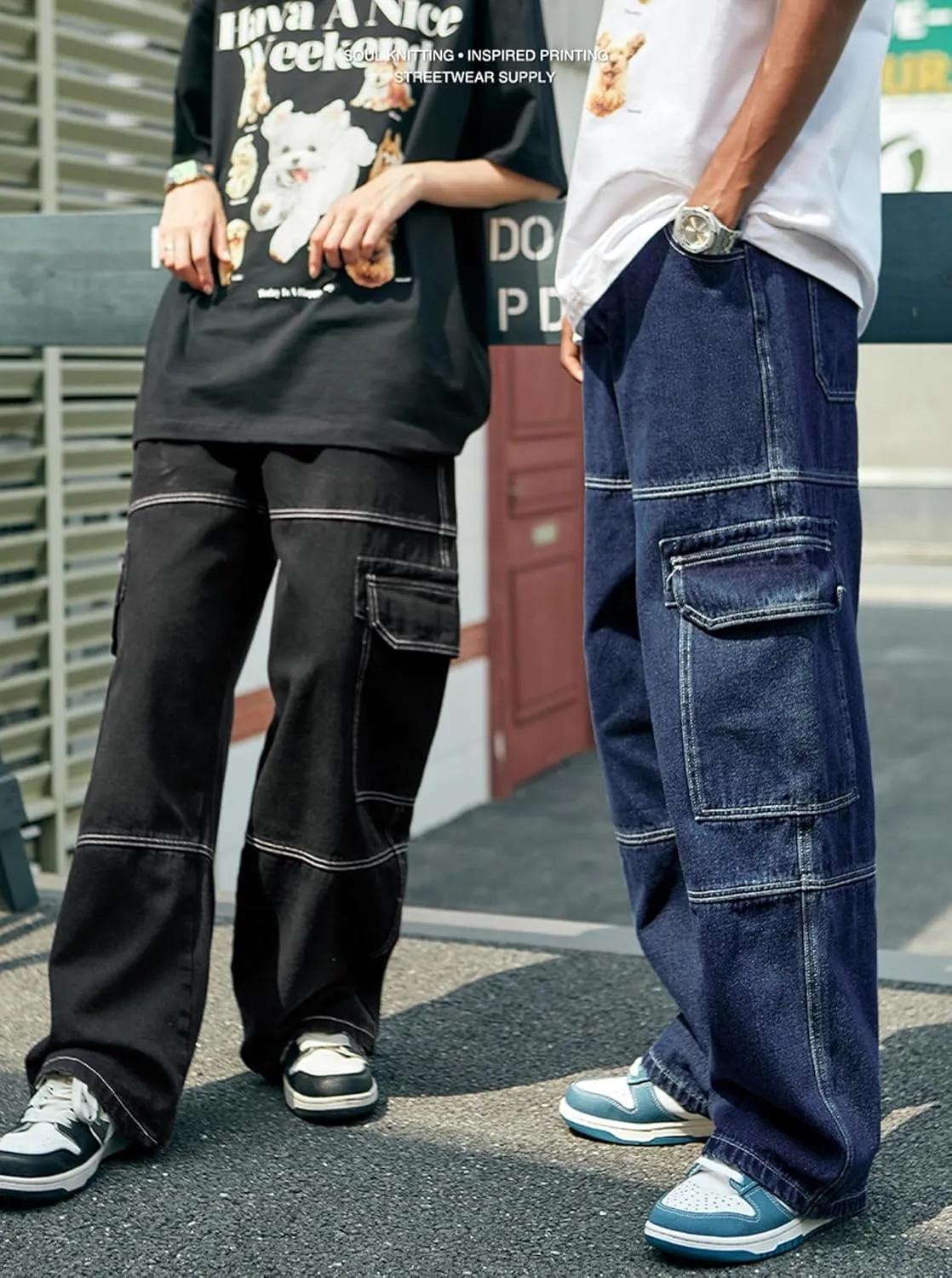 Mens Baggy Cargo Jeans Straight Leg Pants Hip Hop Dance Skateboard Pants Trousers with Pockets