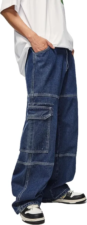 Mens Baggy Cargo Jeans Straight Leg Pants Hip Hop Dance Skateboard Pants Trousers with Pockets