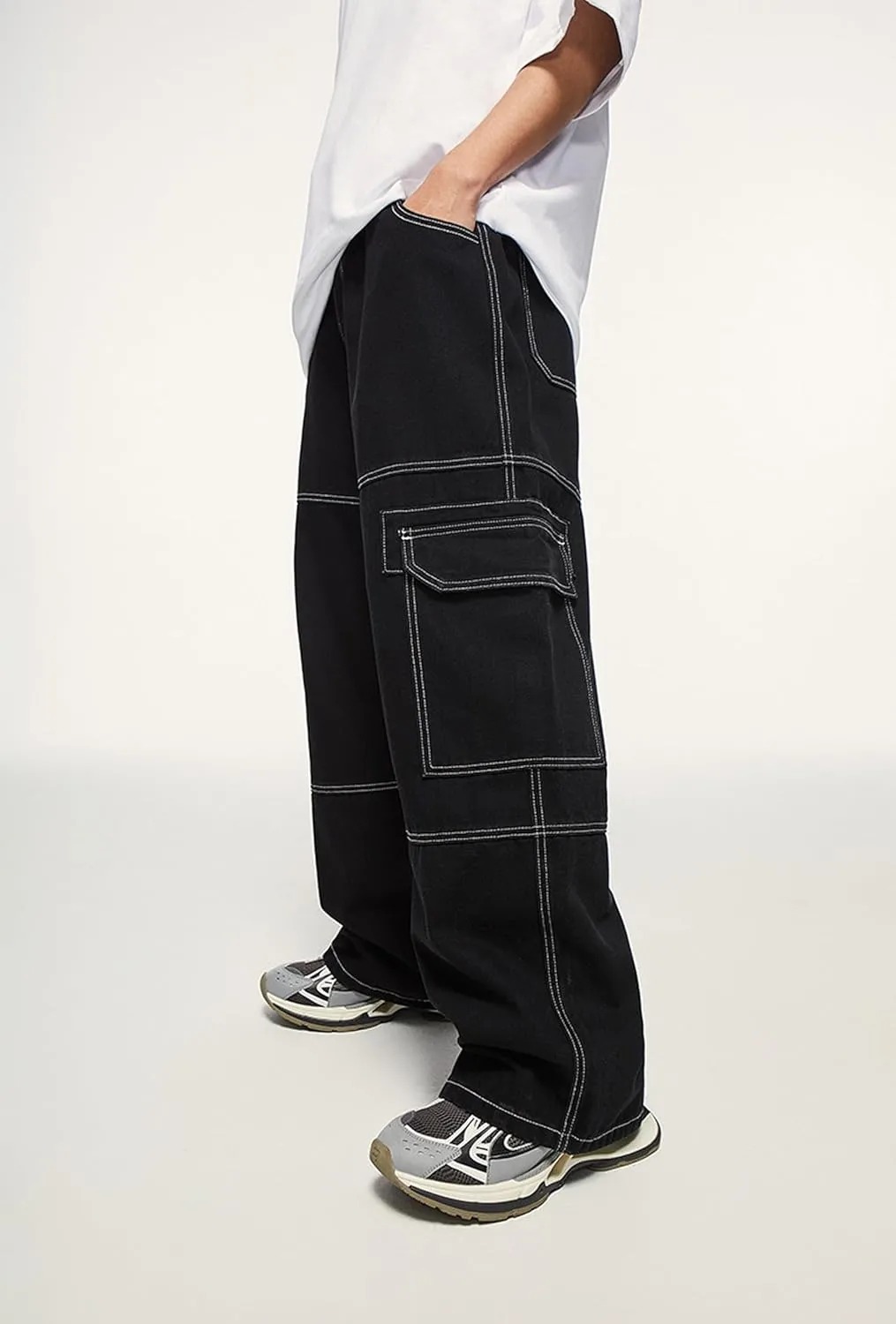 Mens Baggy Cargo Jeans Straight Leg Pants Hip Hop Dance Skateboard Pants Trousers with Pockets