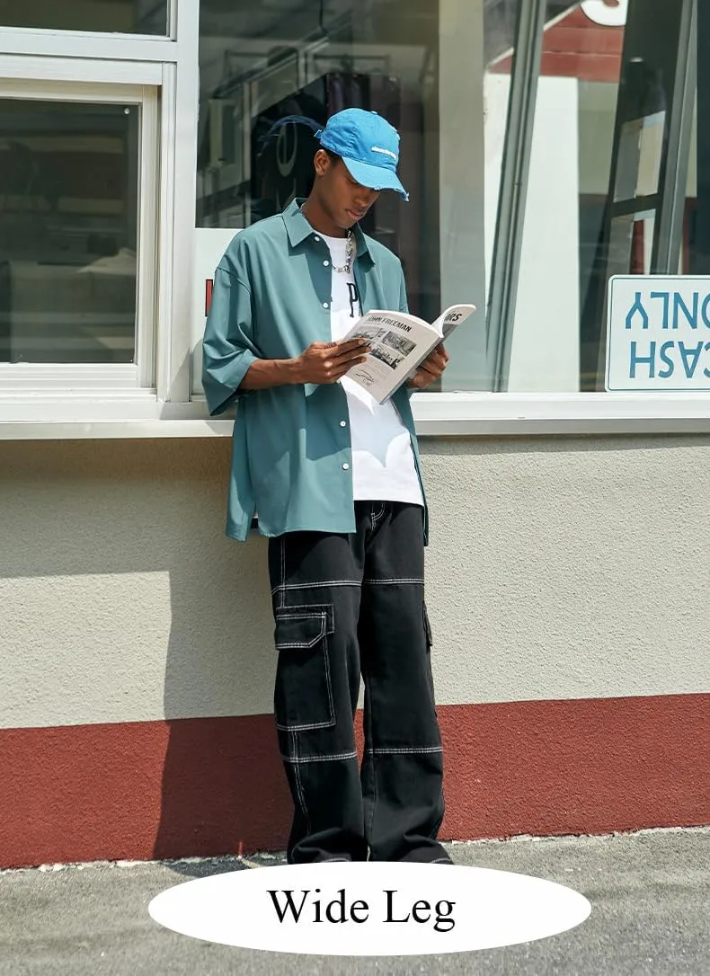 Mens Baggy Cargo Jeans Straight Leg Pants Hip Hop Dance Skateboard Pants Trousers with Pockets