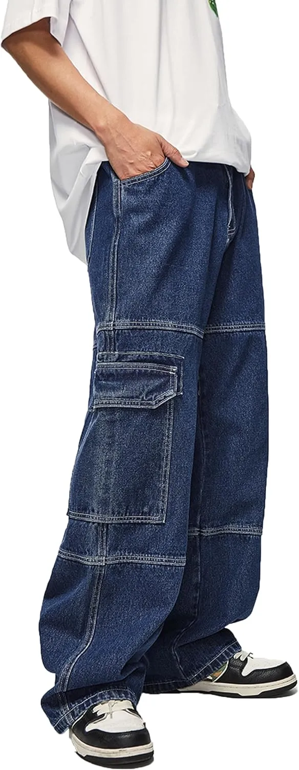 Mens Baggy Cargo Jeans Straight Leg Pants Hip Hop Dance Skateboard Pants Trousers with Pockets