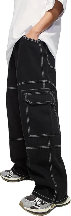 Mens Baggy Cargo Jeans Straight Leg Pants Hip Hop Dance Skateboard Pants Trousers with Pockets