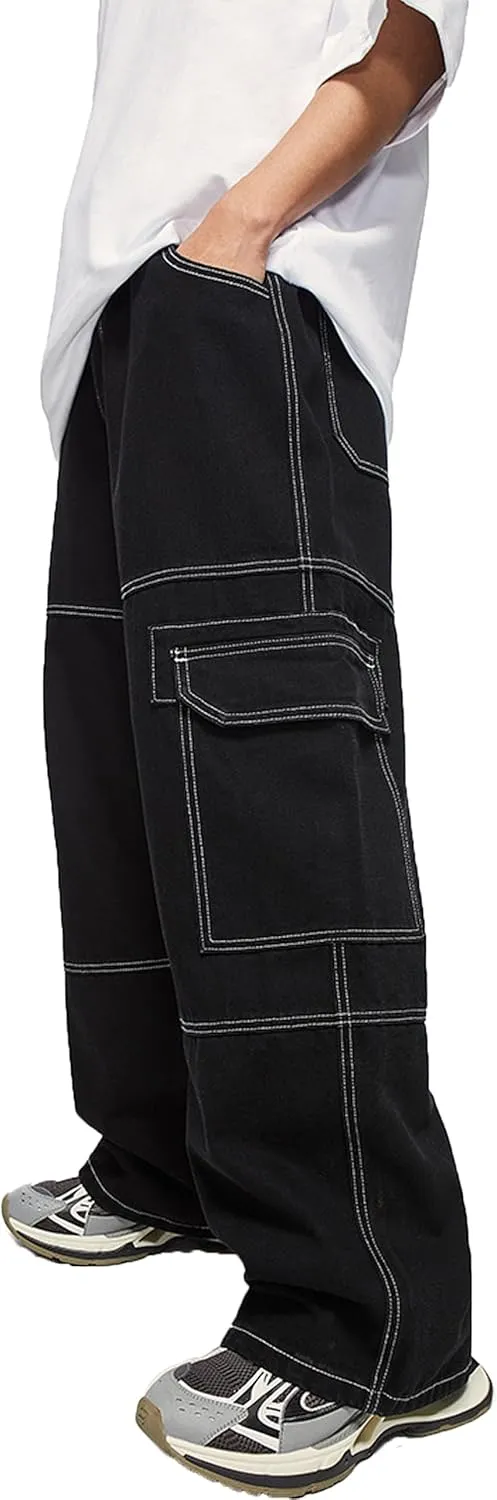 Mens Baggy Cargo Jeans Straight Leg Pants Hip Hop Dance Skateboard Pants Trousers with Pockets