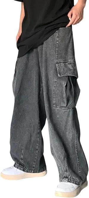 Men's Baggy Jeans Joggers Loose Fit Straight Leg Denim Pants Vintage Relaxed Streetwear Wide Leg Trousers
