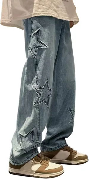 Men's Baggy Jeans Joggers Loose Fit Straight Leg Denim Pants Vintage Relaxed Streetwear Wide Leg Trousers