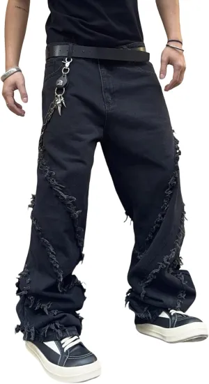 Mens Baggy Jeans Street Rock Style Fringe Frayed Edges Jeans Patchwork Wide Leg Skater Denim Pant