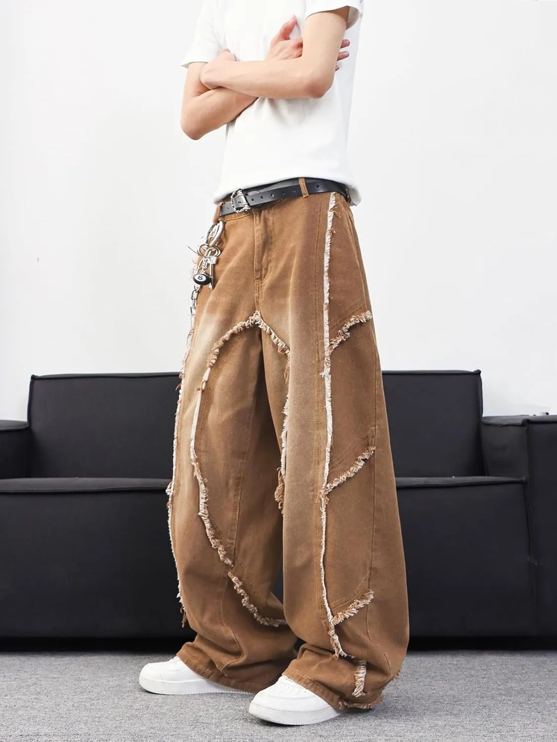Mens Baggy Jeans Street Rock Style Fringe Frayed Edges Jeans Patchwork Wide Leg Skater Denim Pant