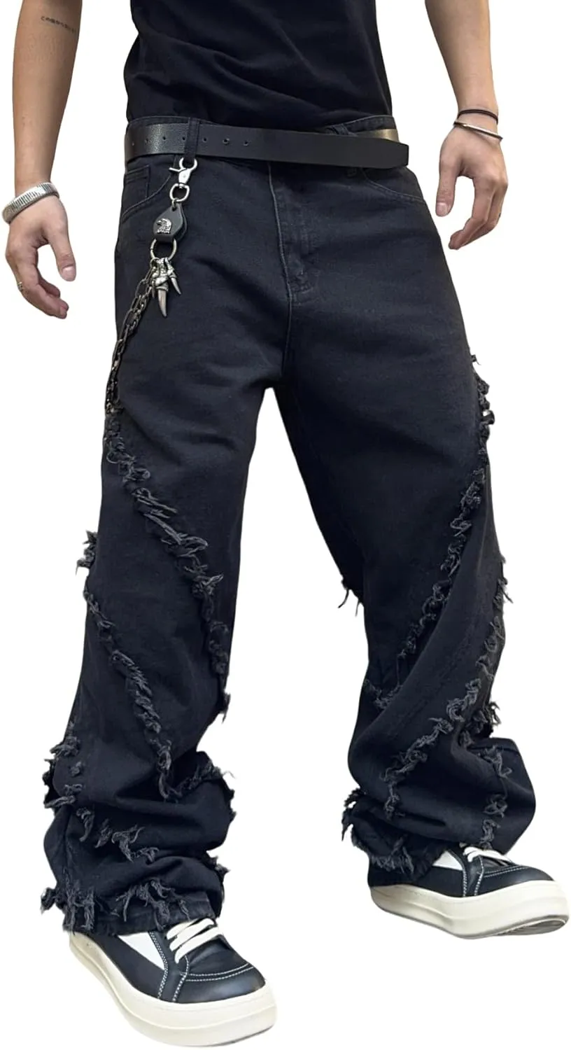 Mens Baggy Jeans Street Rock Style Fringe Frayed Edges Jeans Patchwork Wide Leg Skater Denim Pant
