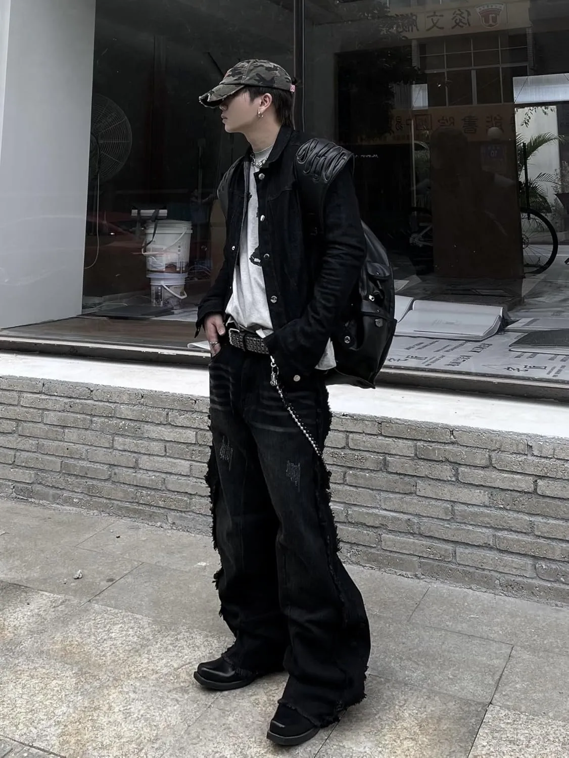 Mens Baggy Jeans Street Rock Style Fringe Frayed Edges Jeans Patchwork Wide Leg Skater Denim Pant