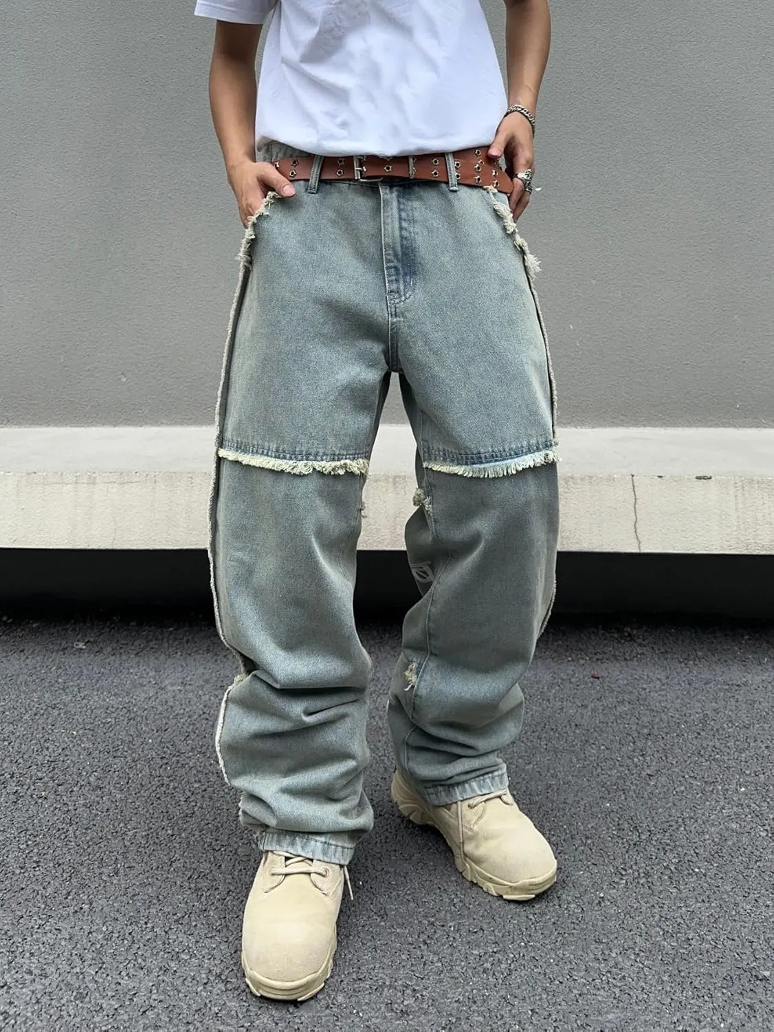 Mens Baggy Jeans Street Rock Style Fringe Frayed Edges Jeans Patchwork Wide Leg Skater Denim Pant