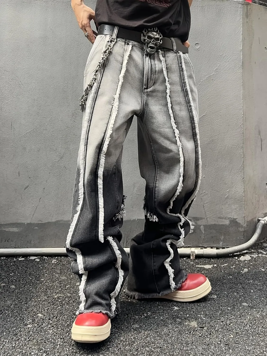 Mens Baggy Jeans Street Rock Style Fringe Frayed Edges Jeans Patchwork Wide Leg Skater Denim Pant
