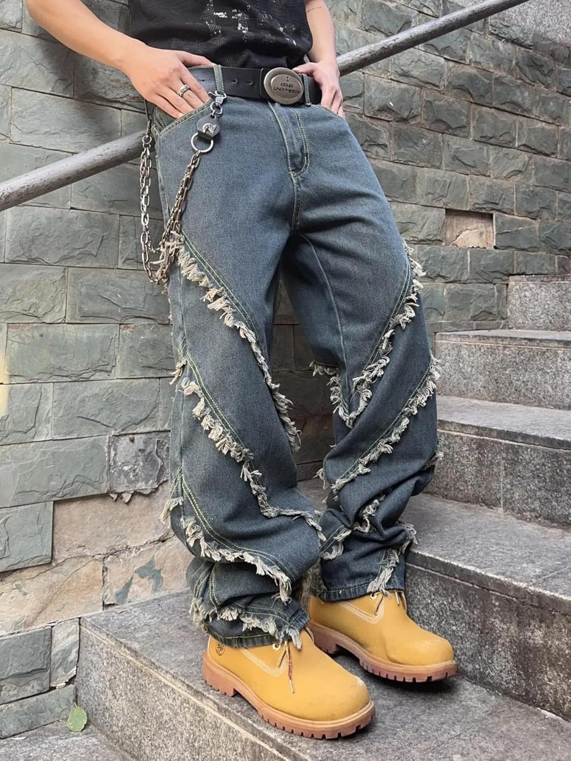 Mens Baggy Jeans Street Rock Style Fringe Frayed Edges Jeans Patchwork Wide Leg Skater Denim Pant