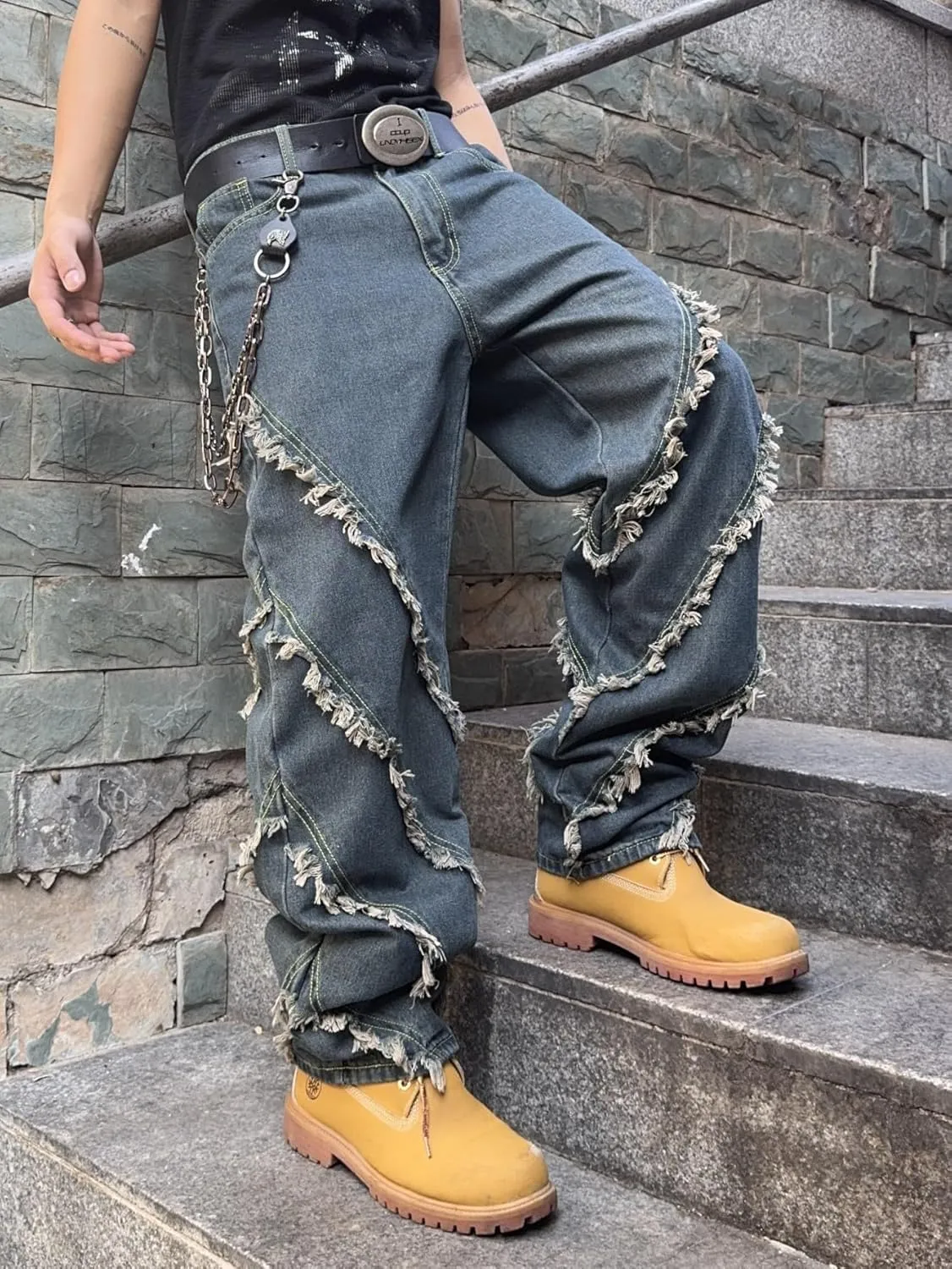 Mens Baggy Jeans Street Rock Style Fringe Frayed Edges Jeans Patchwork Wide Leg Skater Denim Pant