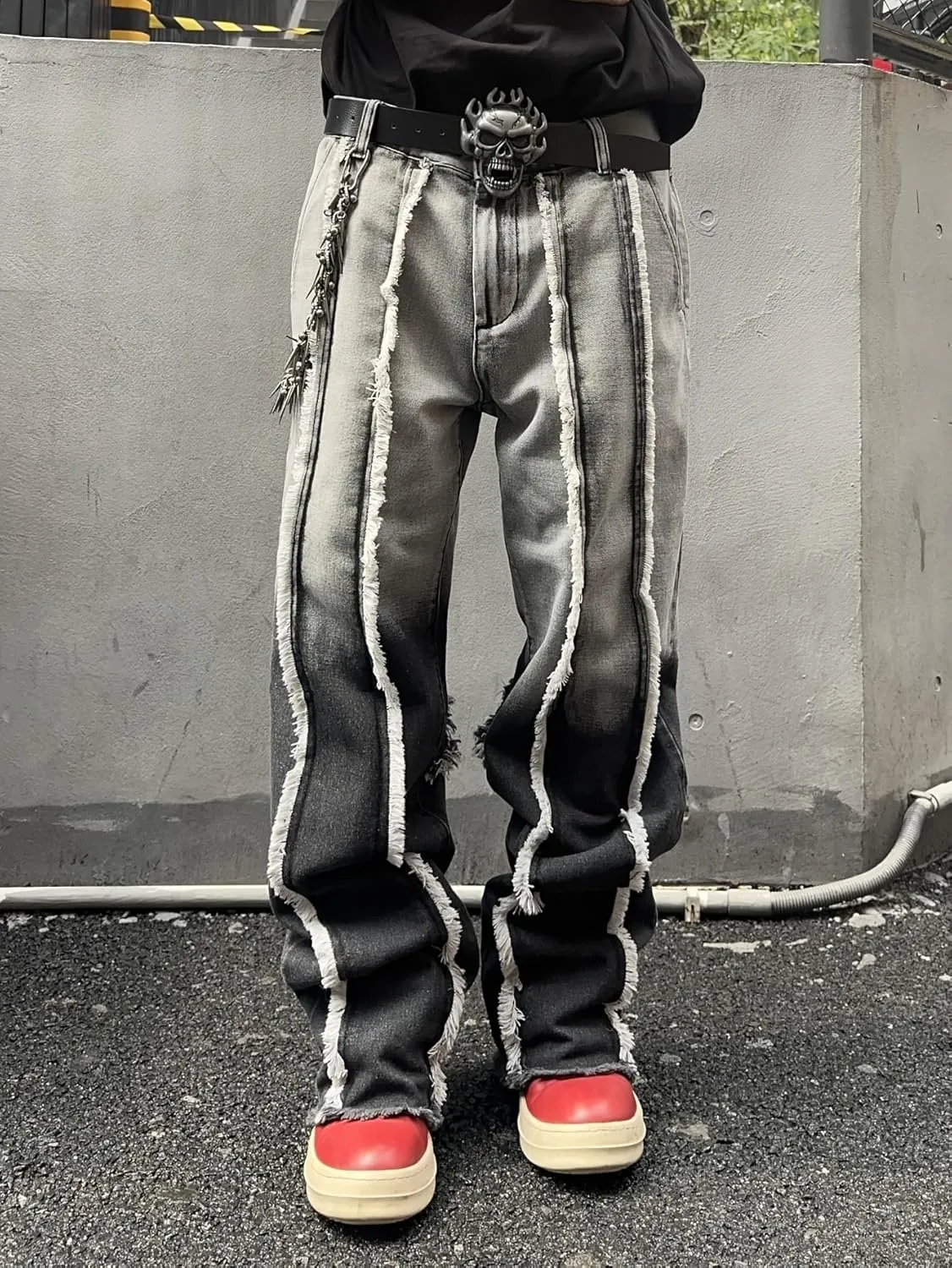 Mens Baggy Jeans Street Rock Style Fringe Frayed Edges Jeans Patchwork Wide Leg Skater Denim Pant