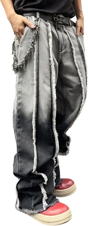 Mens Baggy Jeans Street Rock Style Fringe Frayed Edges Jeans Patchwork Wide Leg Skater Denim Pant