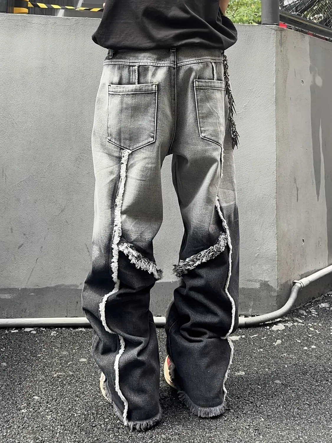 Mens Baggy Jeans Street Rock Style Fringe Frayed Edges Jeans Patchwork Wide Leg Skater Denim Pant
