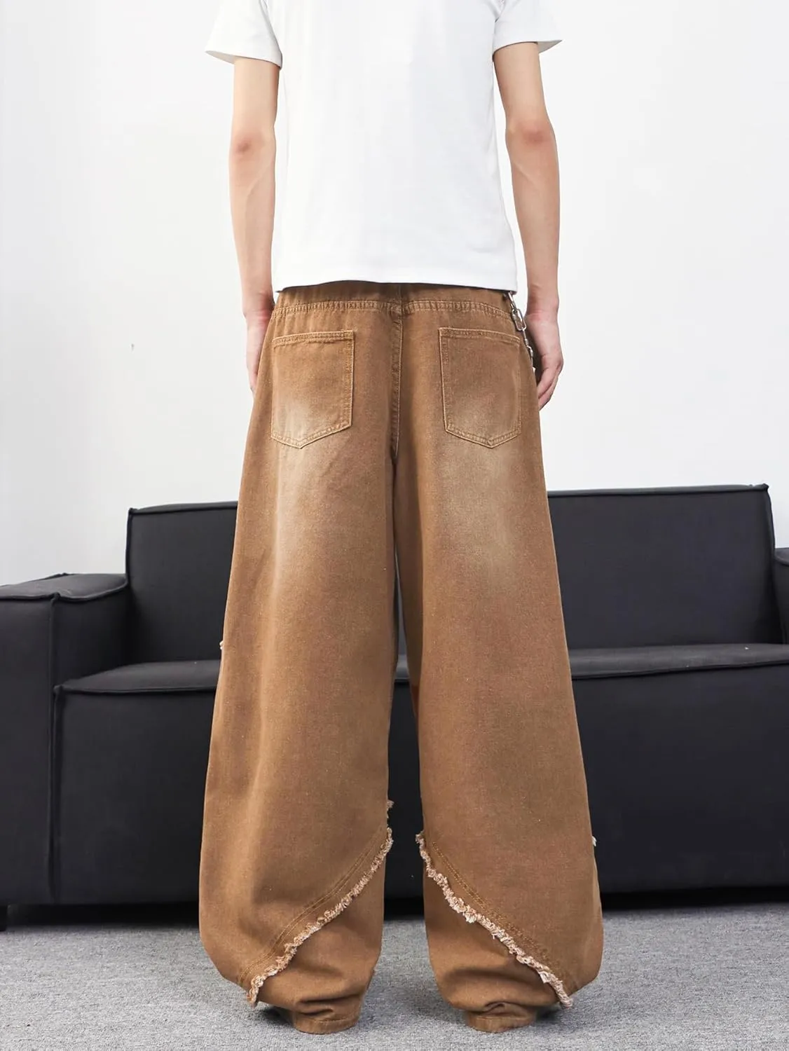 Mens Baggy Jeans Street Rock Style Fringe Frayed Edges Jeans Patchwork Wide Leg Skater Denim Pant