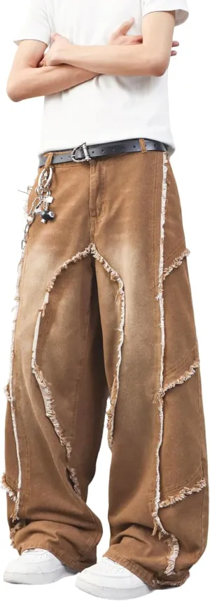 Mens Baggy Jeans Street Rock Style Fringe Frayed Edges Jeans Patchwork Wide Leg Skater Denim Pant