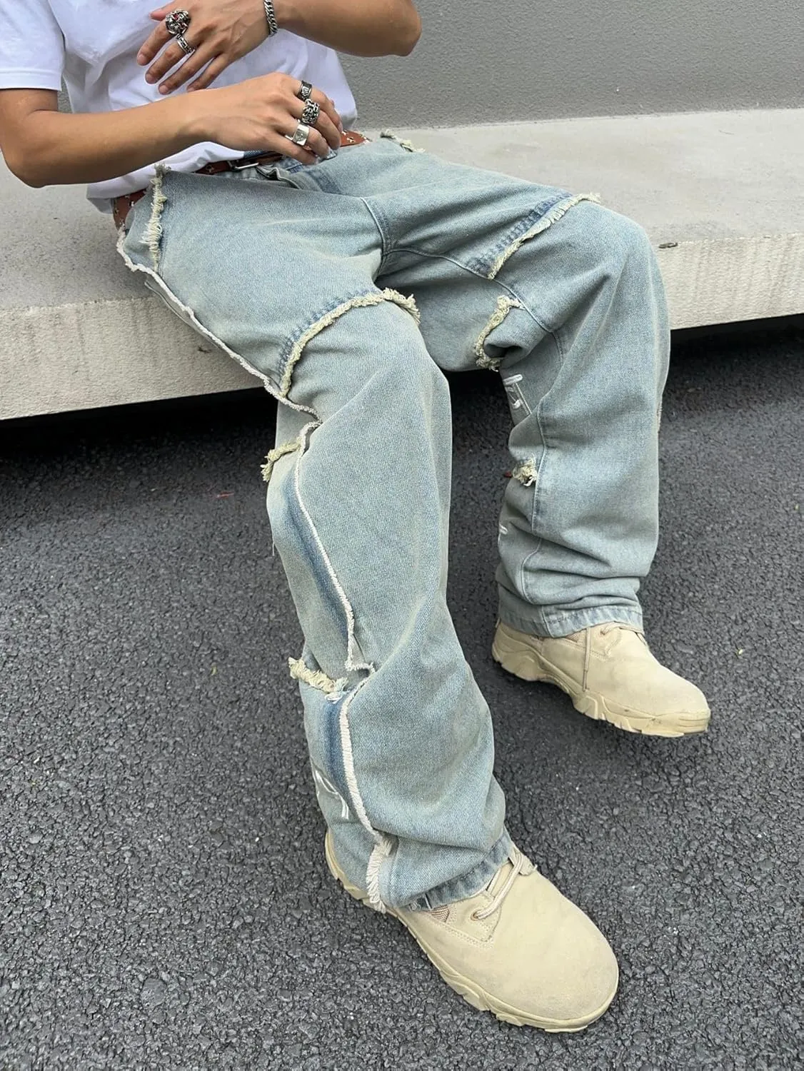 Mens Baggy Jeans Street Rock Style Fringe Frayed Edges Jeans Patchwork Wide Leg Skater Denim Pant