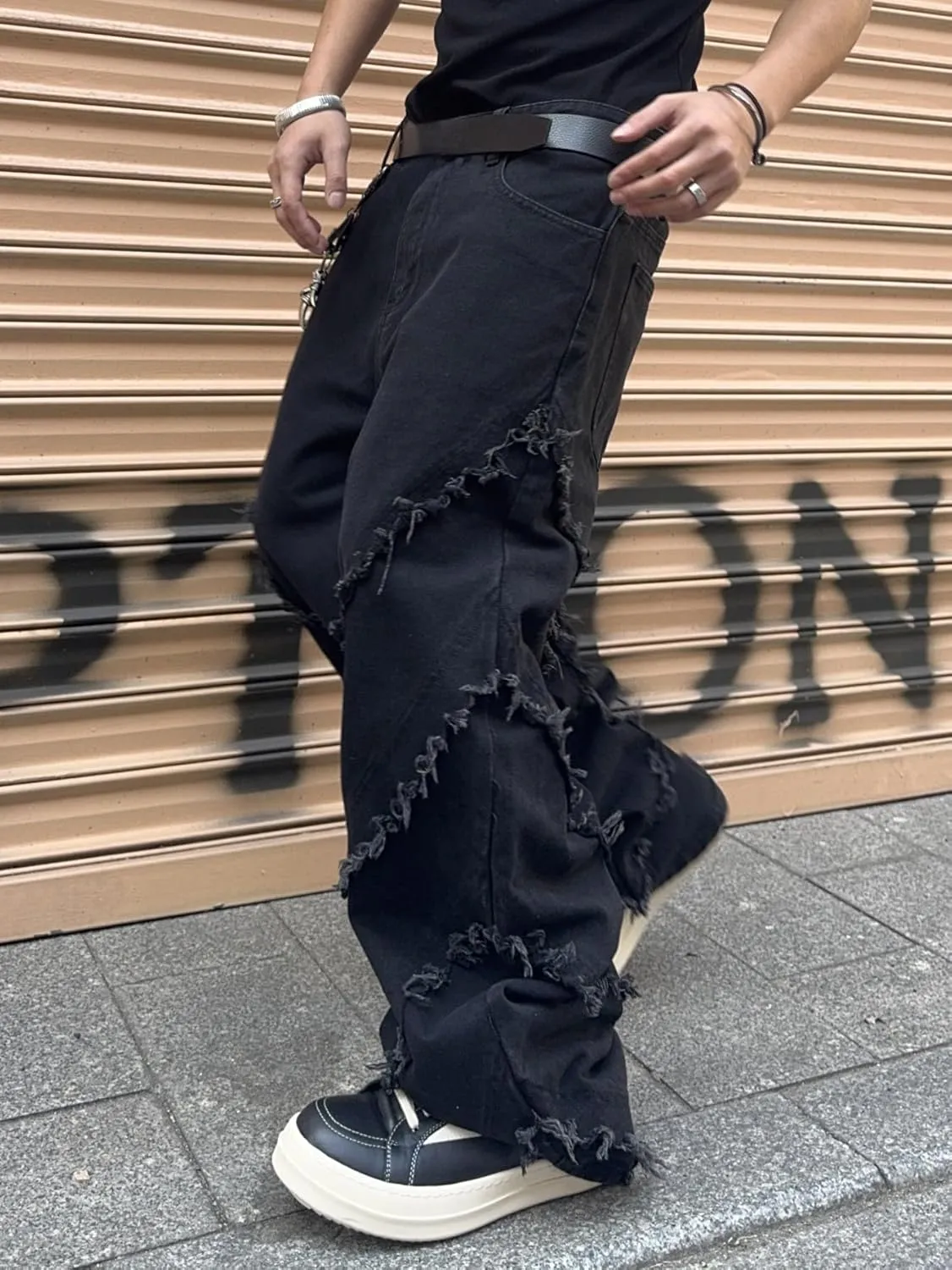 Mens Baggy Jeans Street Rock Style Fringe Frayed Edges Jeans Patchwork Wide Leg Skater Denim Pant
