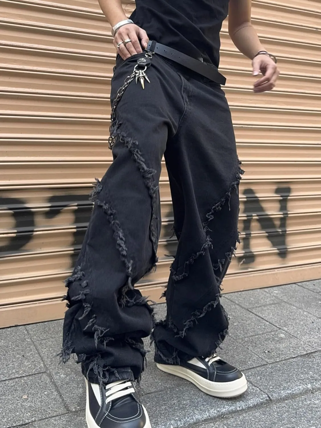 Mens Baggy Jeans Street Rock Style Fringe Frayed Edges Jeans Patchwork Wide Leg Skater Denim Pant