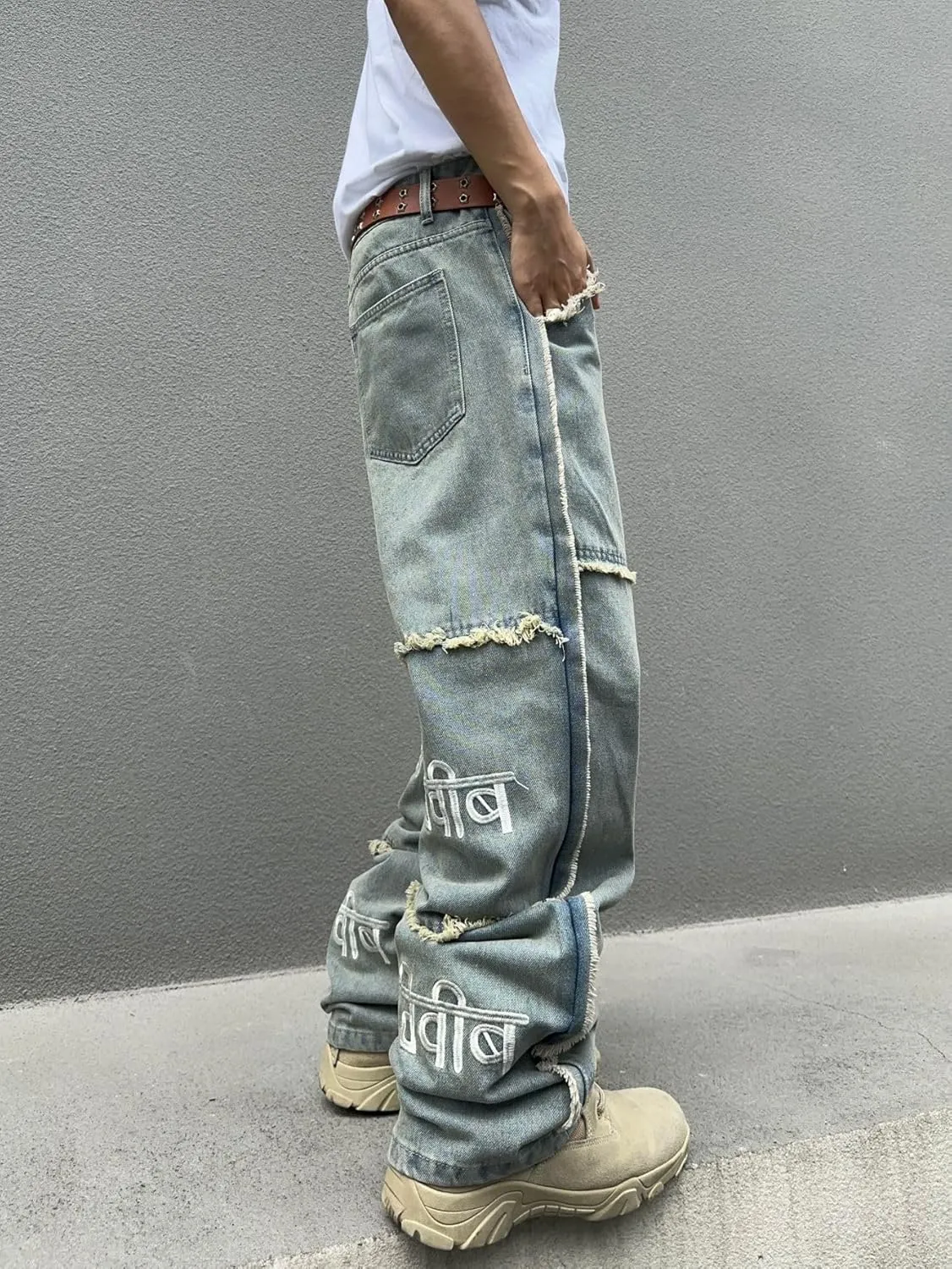 Mens Baggy Jeans Street Rock Style Fringe Frayed Edges Jeans Patchwork Wide Leg Skater Denim Pant