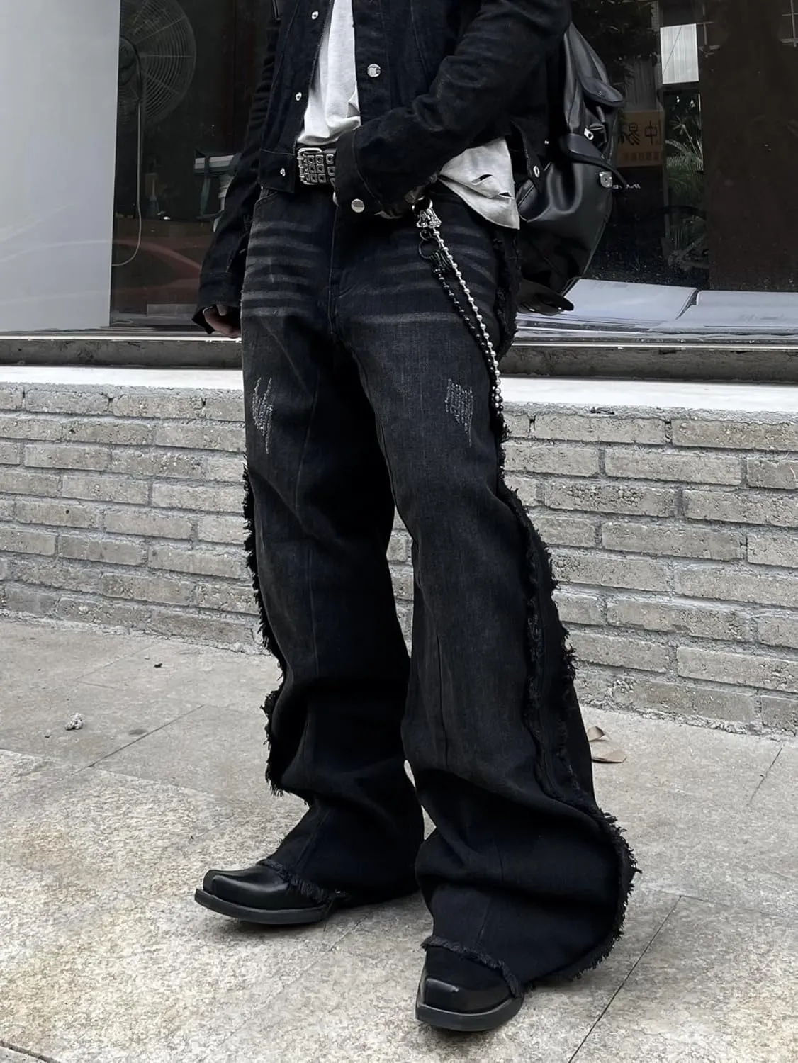 Mens Baggy Jeans Street Rock Style Fringe Frayed Edges Jeans Patchwork Wide Leg Skater Denim Pant