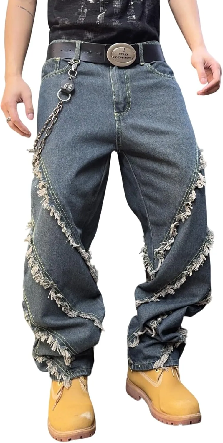 Mens Baggy Jeans Street Rock Style Fringe Frayed Edges Jeans Patchwork Wide Leg Skater Denim Pant