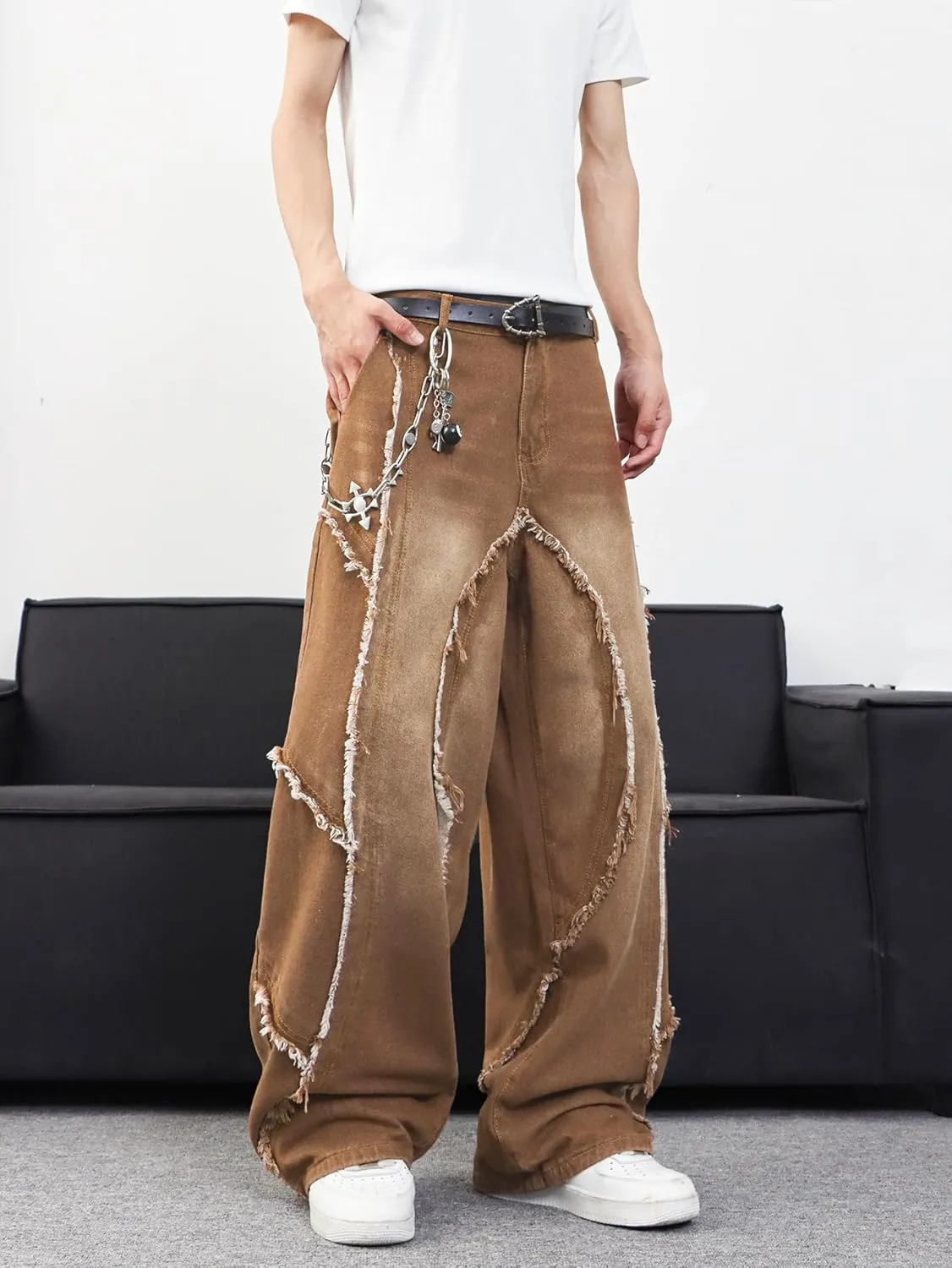 Mens Baggy Jeans Street Rock Style Fringe Frayed Edges Jeans Patchwork Wide Leg Skater Denim Pant