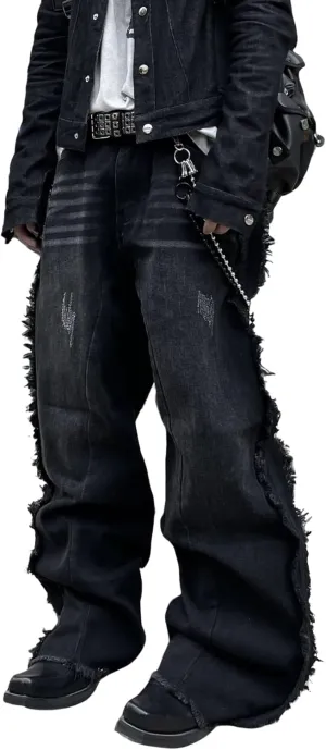 Mens Baggy Jeans Street Rock Style Fringe Frayed Edges Jeans Patchwork Wide Leg Skater Denim Pant