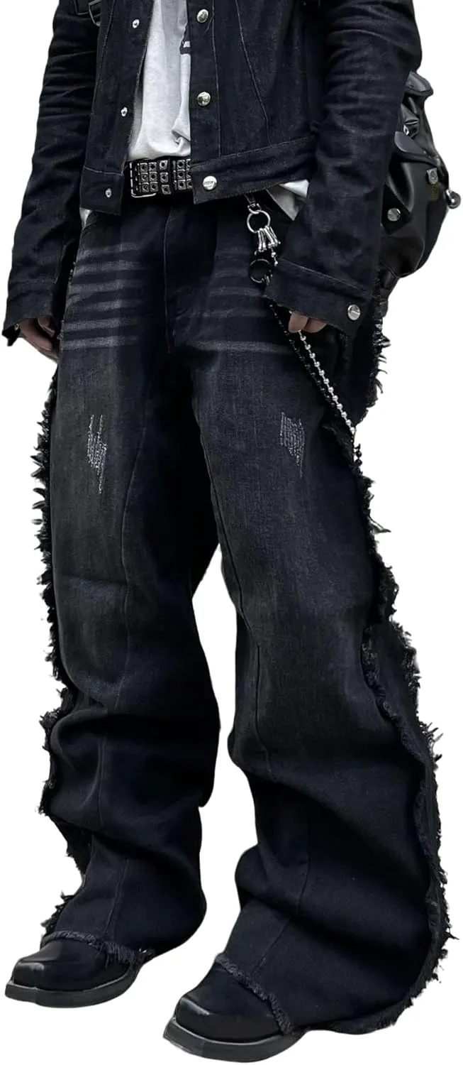 Mens Baggy Jeans Street Rock Style Fringe Frayed Edges Jeans Patchwork Wide Leg Skater Denim Pant
