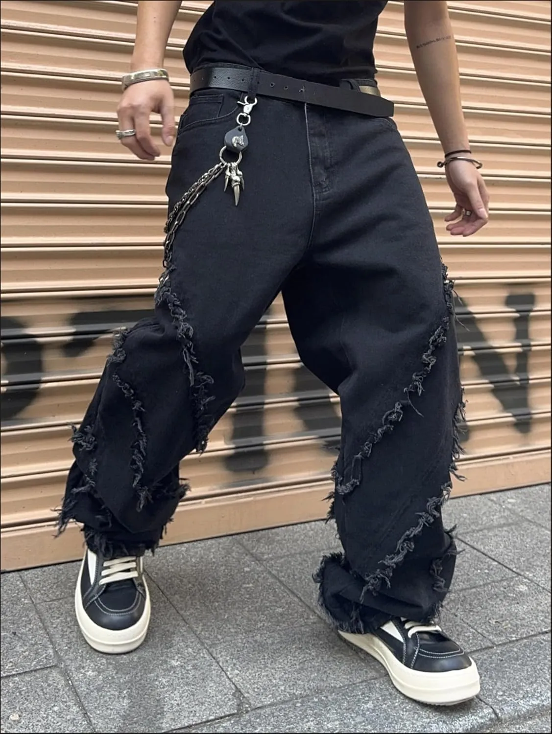 Mens Baggy Jeans Street Rock Style Fringe Frayed Edges Jeans Patchwork Wide Leg Skater Denim Pant