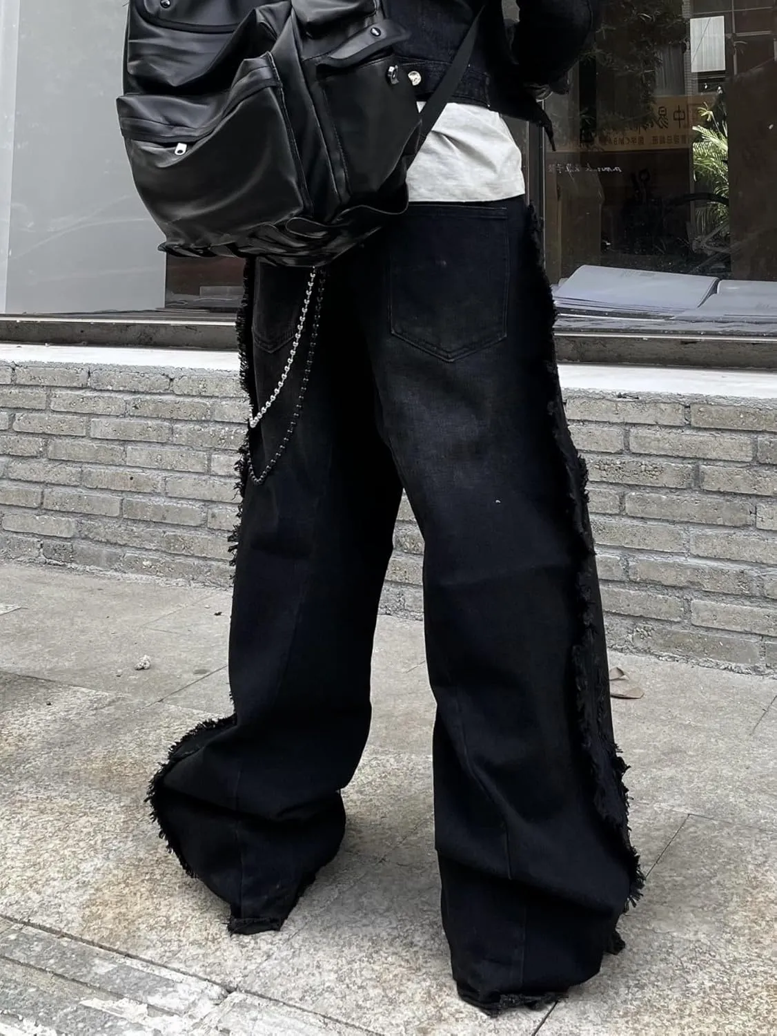 Mens Baggy Jeans Street Rock Style Fringe Frayed Edges Jeans Patchwork Wide Leg Skater Denim Pant