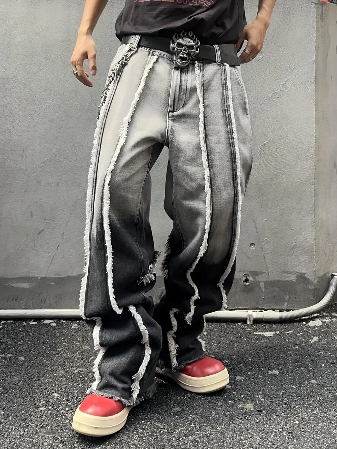 Mens Baggy Jeans Street Rock Style Fringe Frayed Edges Jeans Patchwork Wide Leg Skater Denim Pant