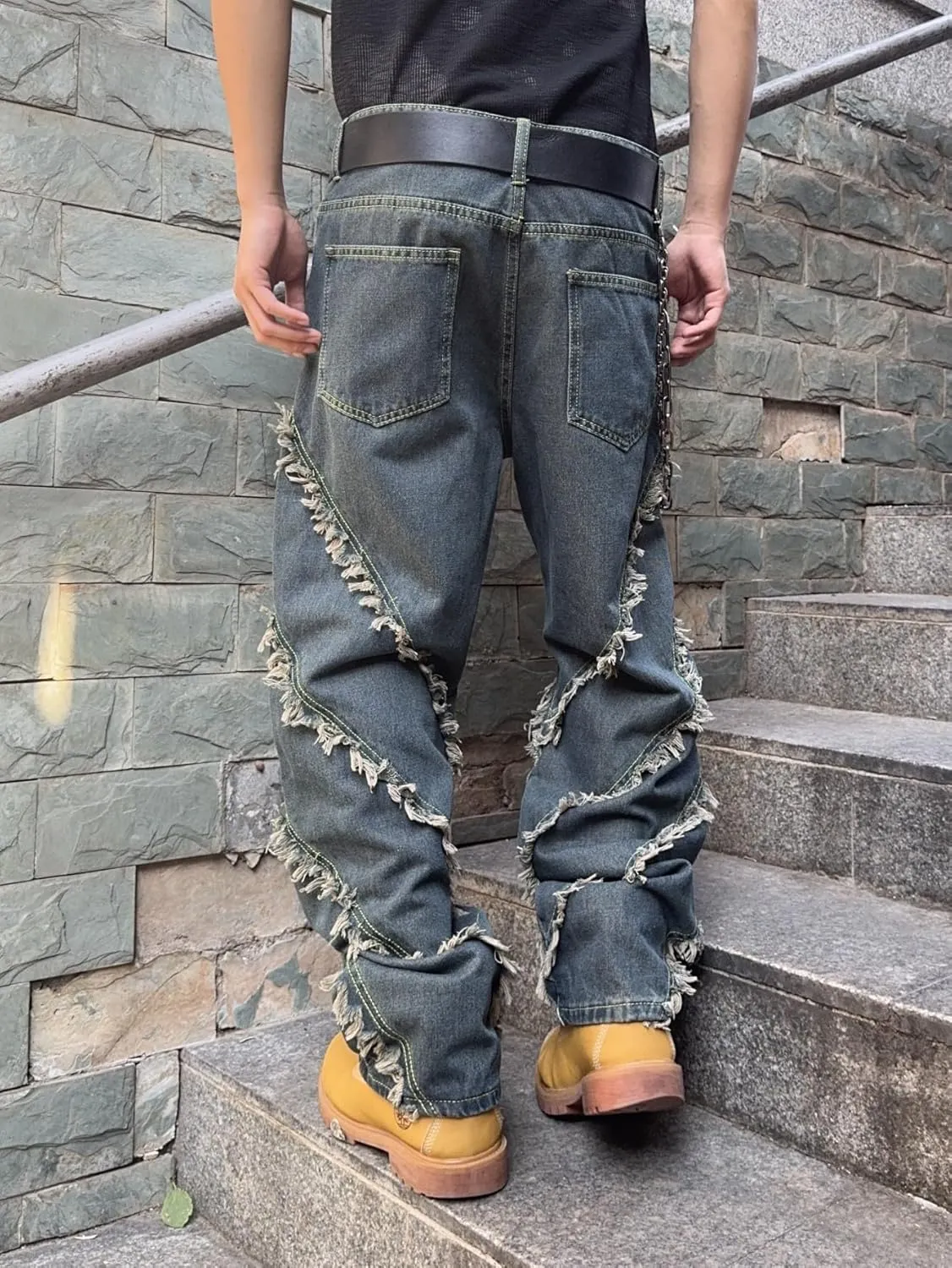 Mens Baggy Jeans Street Rock Style Fringe Frayed Edges Jeans Patchwork Wide Leg Skater Denim Pant