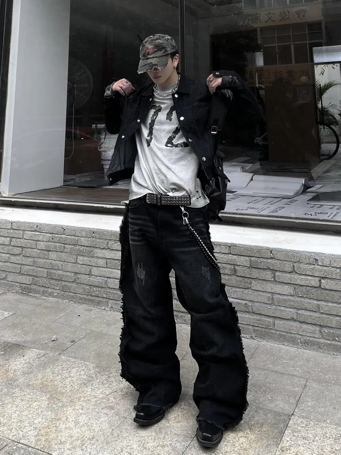 Mens Baggy Jeans Street Rock Style Fringe Frayed Edges Jeans Patchwork Wide Leg Skater Denim Pant