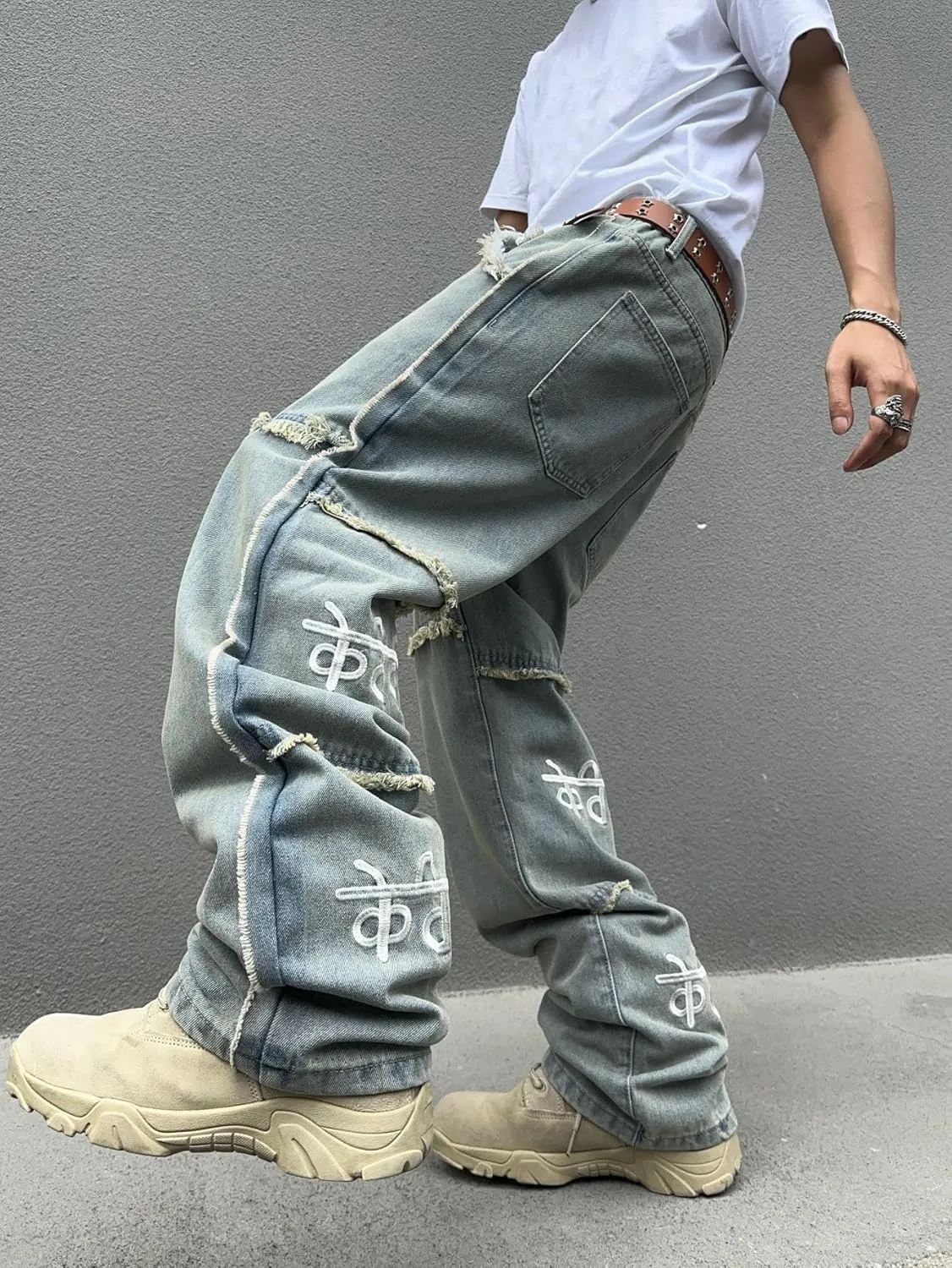 Mens Baggy Jeans Street Rock Style Fringe Frayed Edges Jeans Patchwork Wide Leg Skater Denim Pant