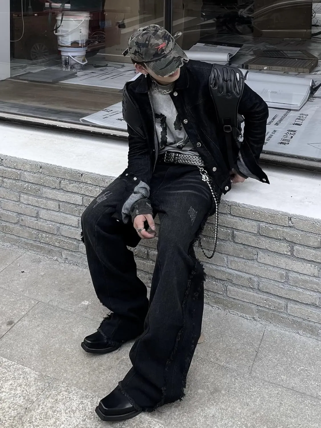 Mens Baggy Jeans Street Rock Style Fringe Frayed Edges Jeans Patchwork Wide Leg Skater Denim Pant