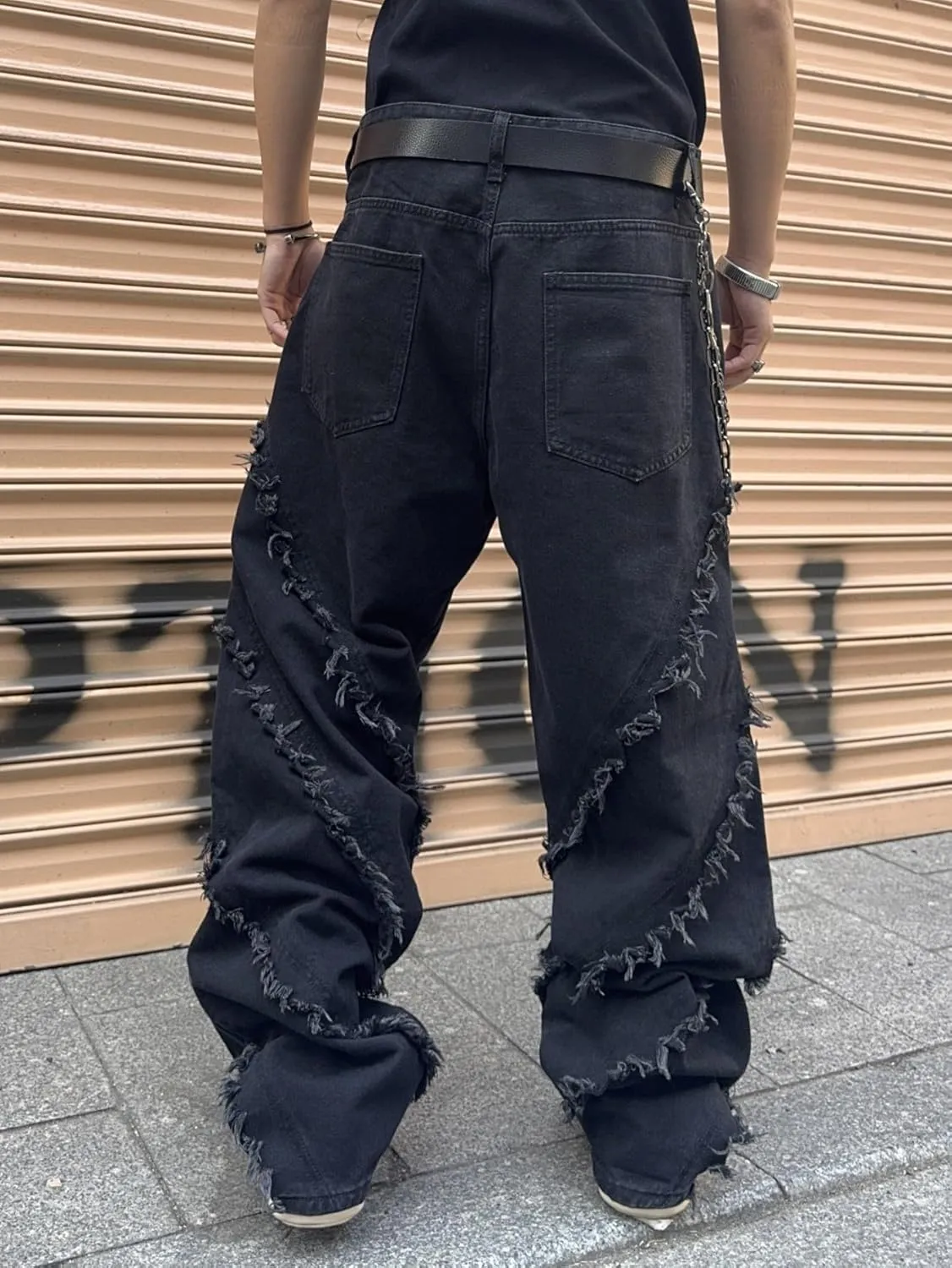 Mens Baggy Jeans Street Rock Style Fringe Frayed Edges Jeans Patchwork Wide Leg Skater Denim Pant