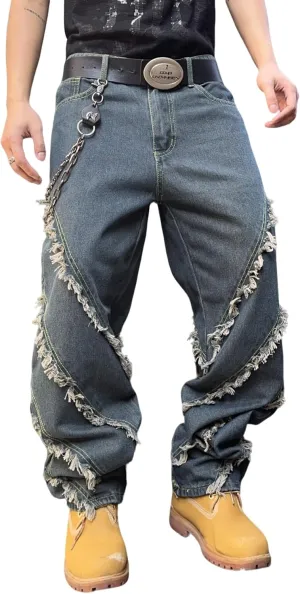 Mens Baggy Jeans Street Rock Style Fringe Frayed Edges Jeans Patchwork Wide Leg Skater Denim Pant