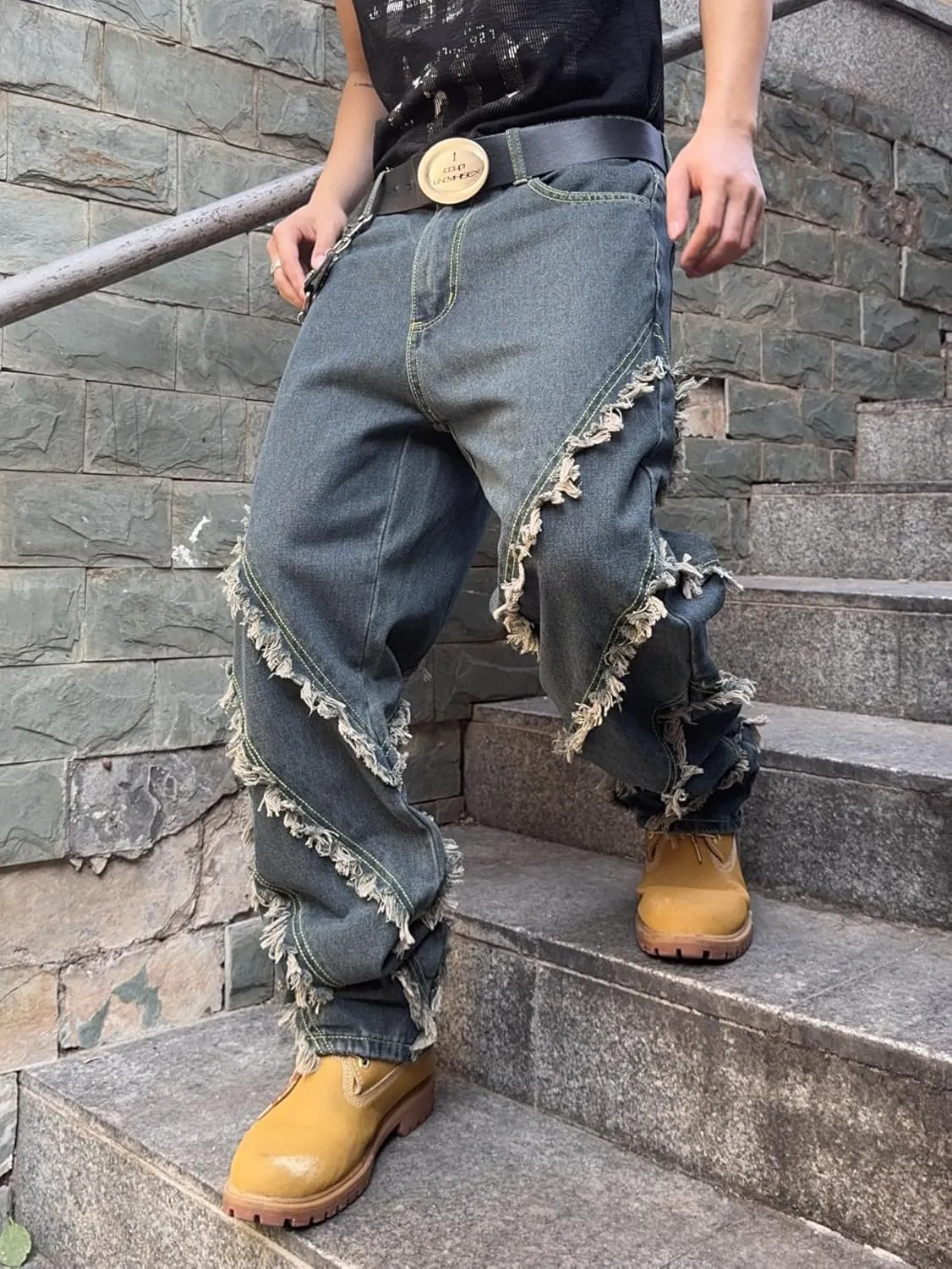 Mens Baggy Jeans Street Rock Style Fringe Frayed Edges Jeans Patchwork Wide Leg Skater Denim Pant