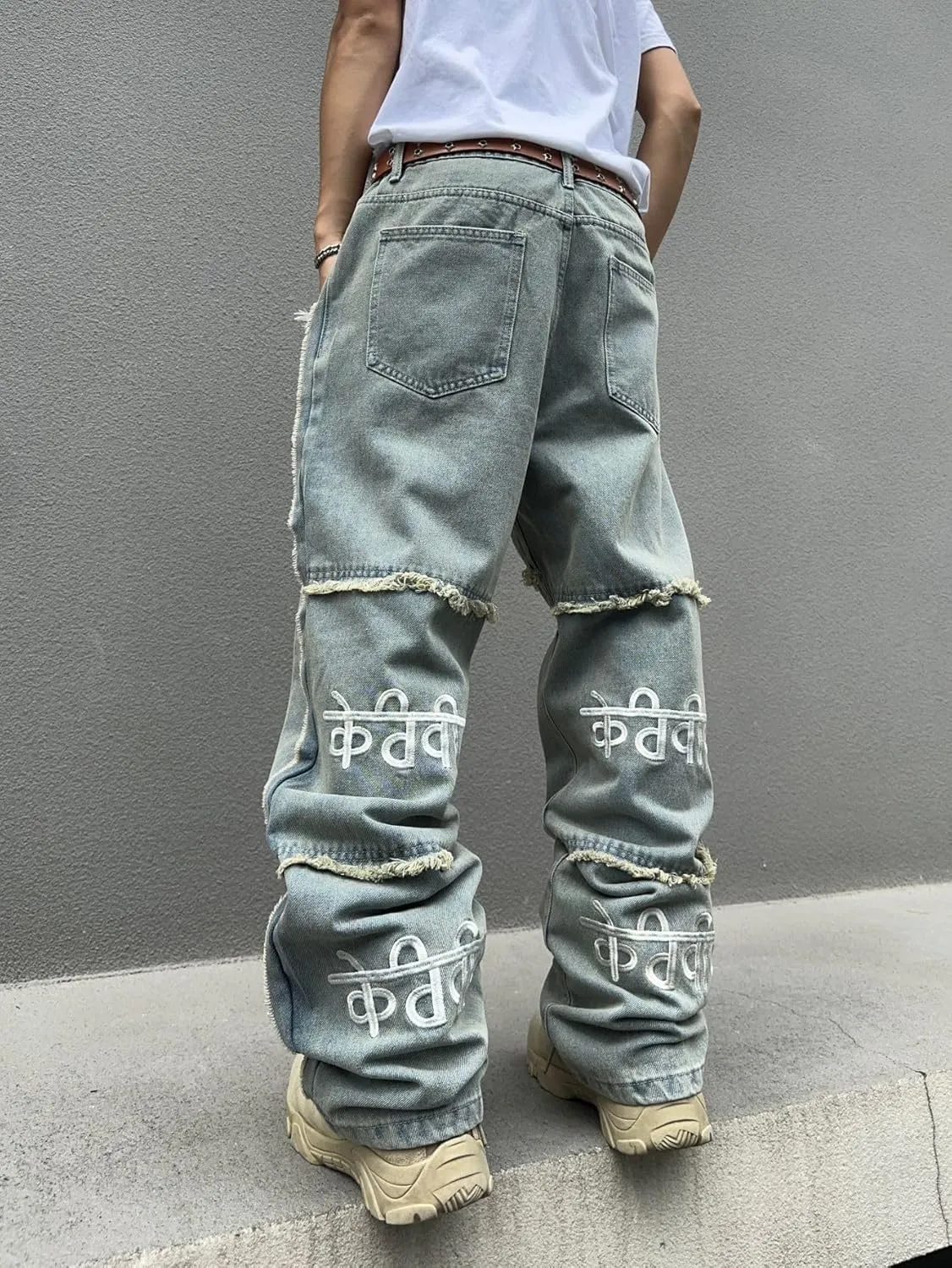 Mens Baggy Jeans Street Rock Style Fringe Frayed Edges Jeans Patchwork Wide Leg Skater Denim Pant