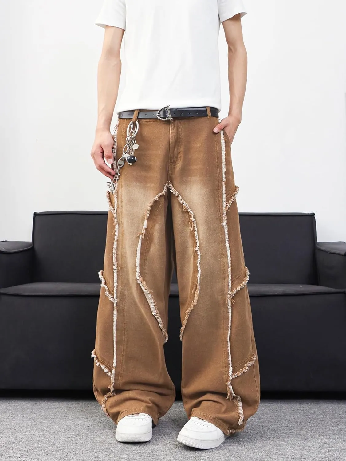 Mens Baggy Jeans Street Rock Style Fringe Frayed Edges Jeans Patchwork Wide Leg Skater Denim Pant
