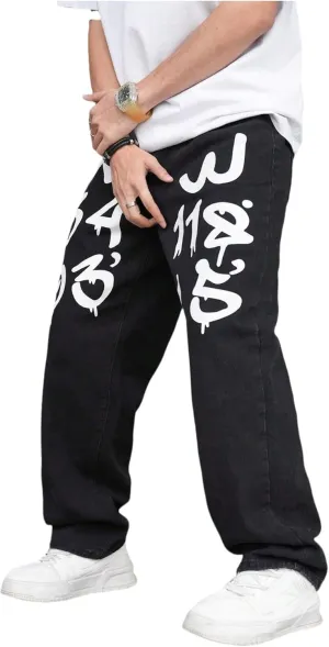 Men's Baggy Jeans Y2K Vintage Gothic Alphabet Print Jeans Black Denim Pants Wide Leg Pants Streetwear
