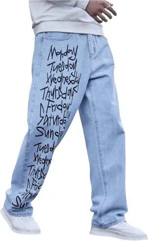 Men's Baggy Jeans Y2K Vintage Gothic Alphabet Print Jeans Black Denim Pants Wide Leg Pants Streetwear