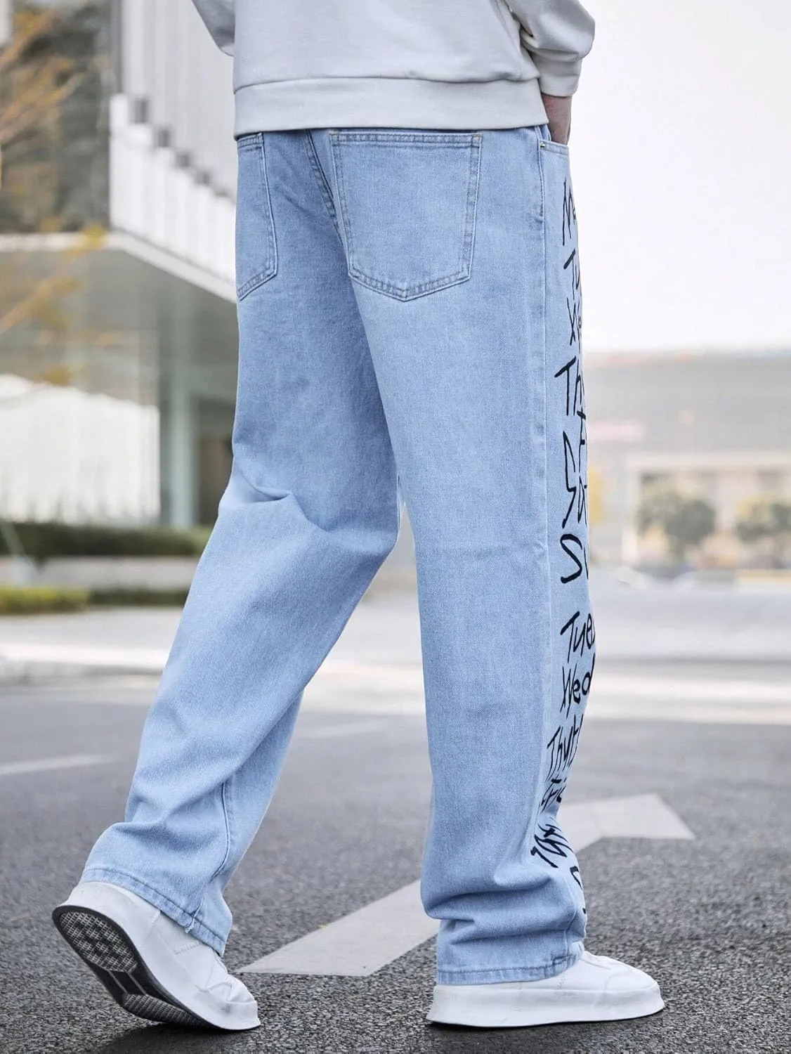 Men's Baggy Jeans Y2K Vintage Gothic Alphabet Print Jeans Black Denim Pants Wide Leg Pants Streetwear