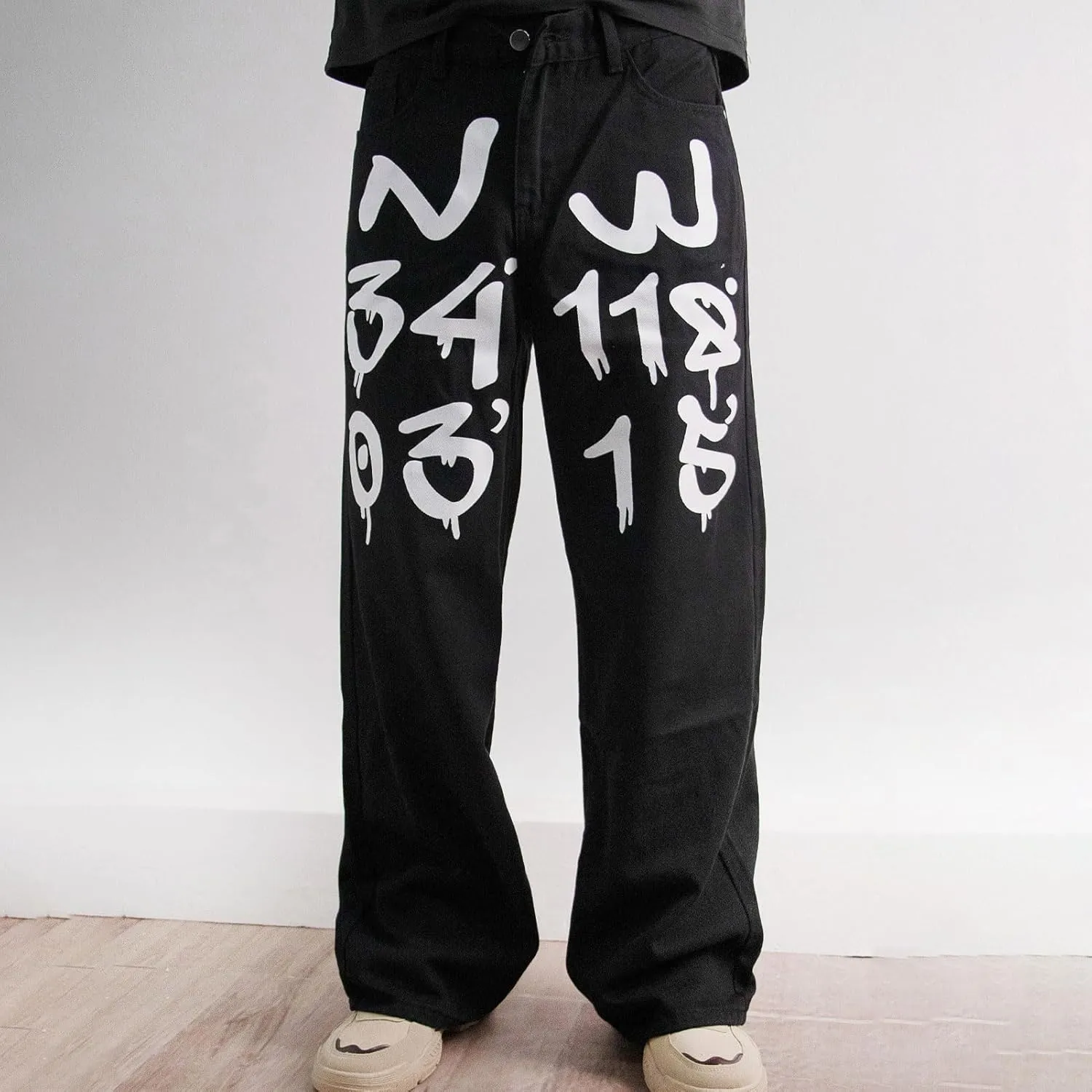 Men's Baggy Jeans Y2K Vintage Gothic Alphabet Print Jeans Black Denim Pants Wide Leg Pants Streetwear