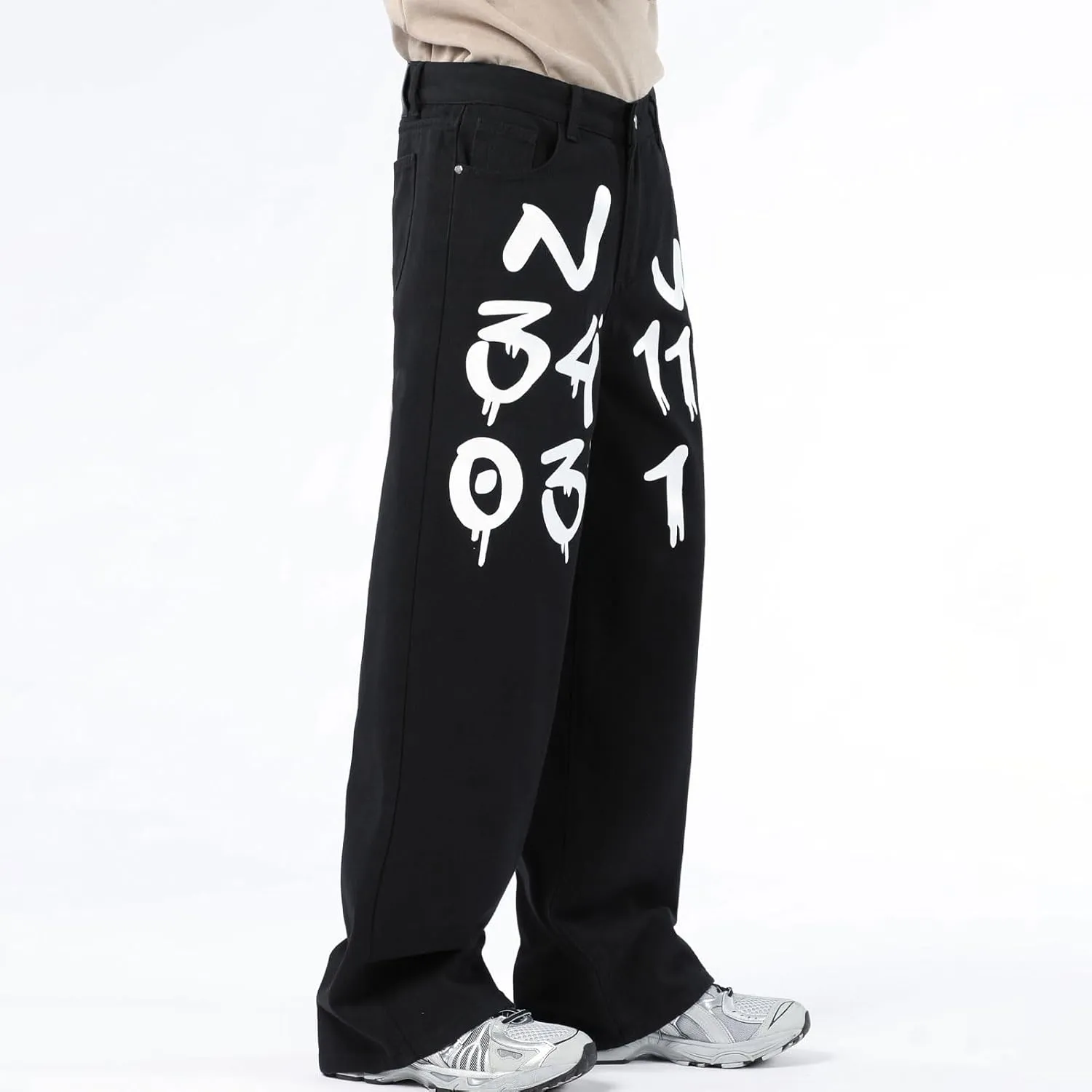 Men's Baggy Jeans Y2K Vintage Gothic Alphabet Print Jeans Black Denim Pants Wide Leg Pants Streetwear
